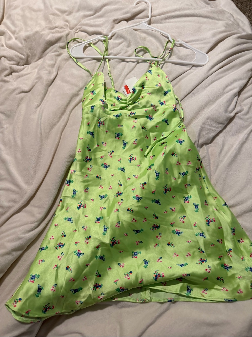 Lime Green Floral Satin Slip Dress